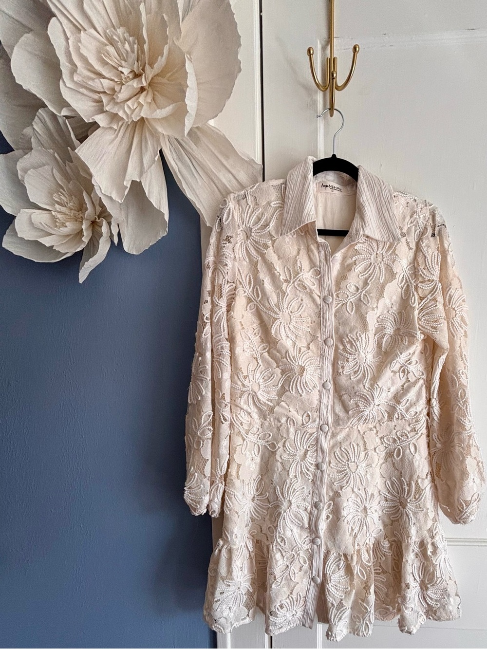 Impressions Cream Floral Lace Long Sleeve Shirt Dress